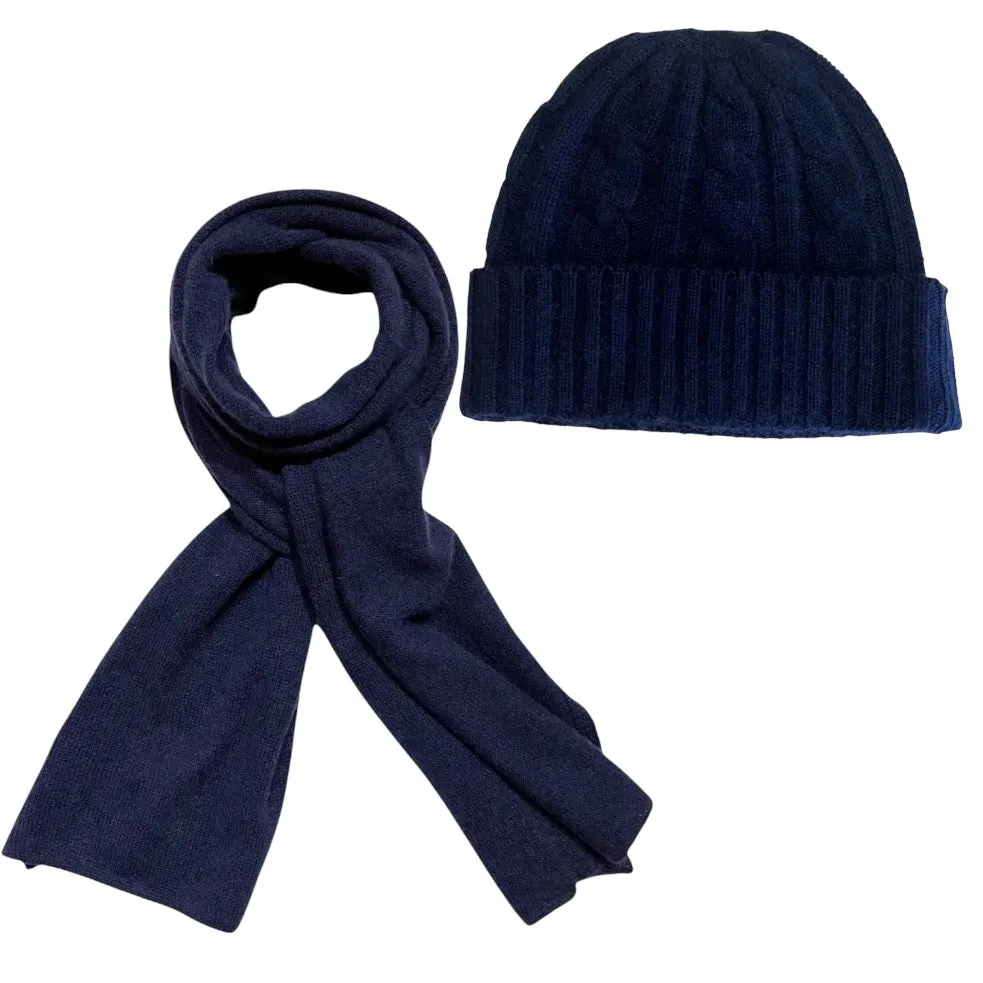 100% Cashmere Beanie and Scarf in Navy