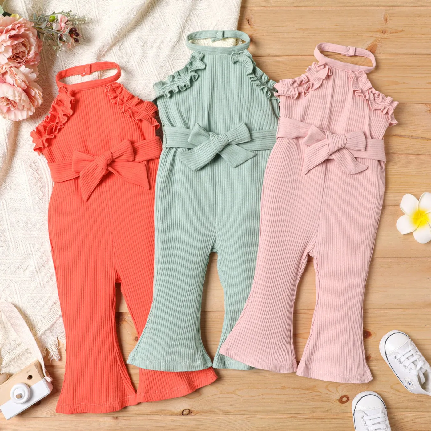 2pcs Baby Girl Cotton Ribbed Ruffle Trim Halter Sleeveless Bell Bottom Jumpsuit & Belt Set