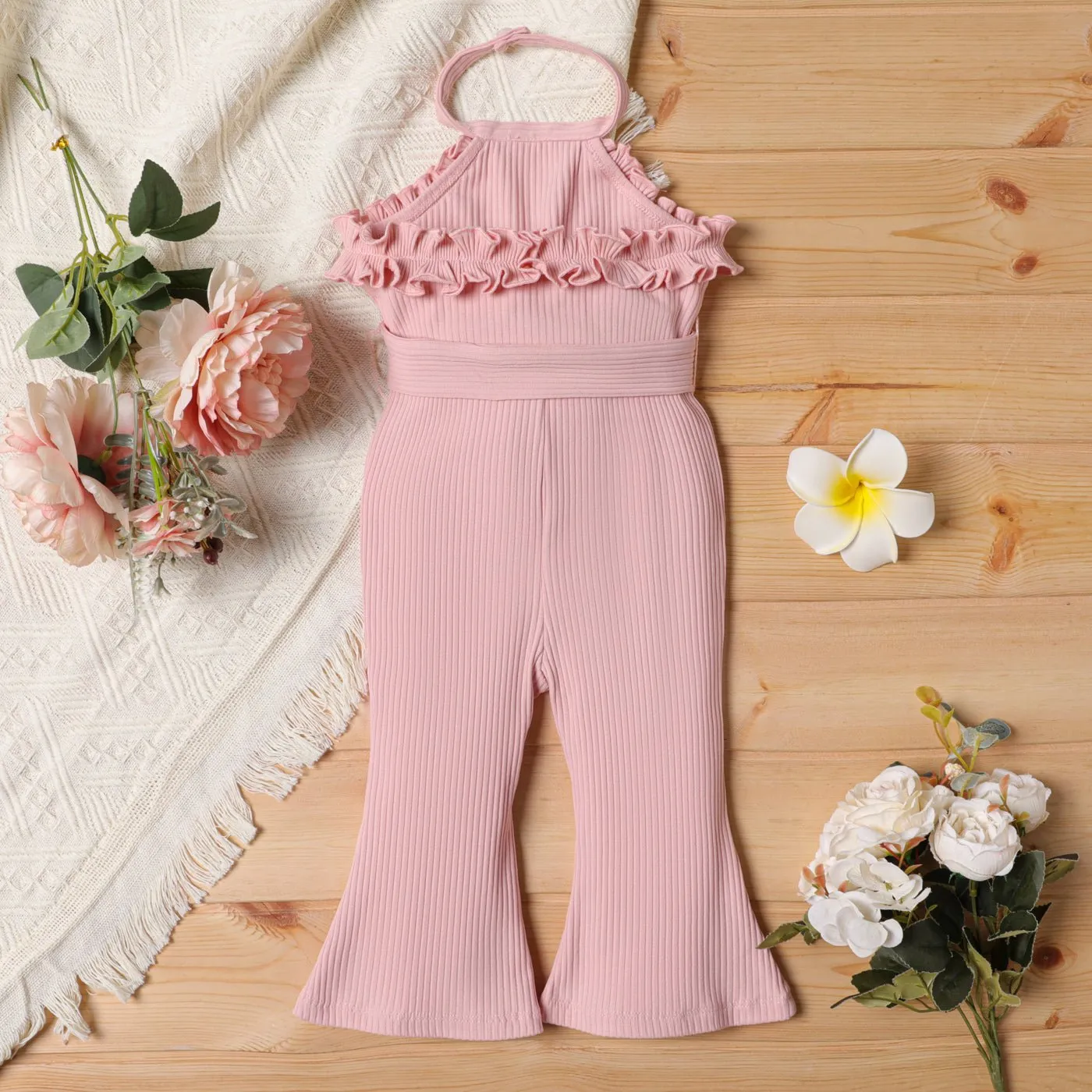 2pcs Baby Girl Cotton Ribbed Ruffle Trim Halter Sleeveless Bell Bottom Jumpsuit & Belt Set