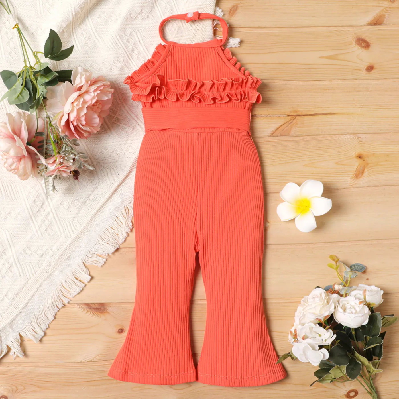 2pcs Baby Girl Cotton Ribbed Ruffle Trim Halter Sleeveless Bell Bottom Jumpsuit & Belt Set