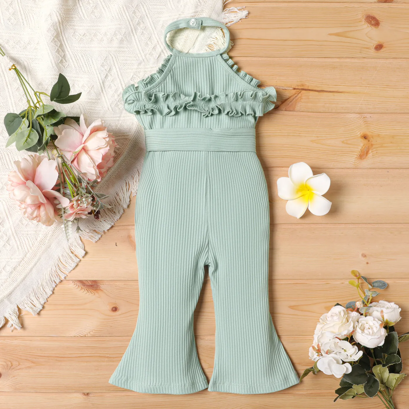 2pcs Baby Girl Cotton Ribbed Ruffle Trim Halter Sleeveless Bell Bottom Jumpsuit & Belt Set