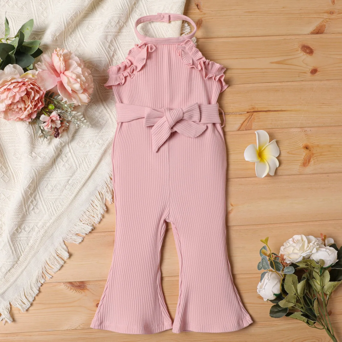 2pcs Baby Girl Cotton Ribbed Ruffle Trim Halter Sleeveless Bell Bottom Jumpsuit & Belt Set