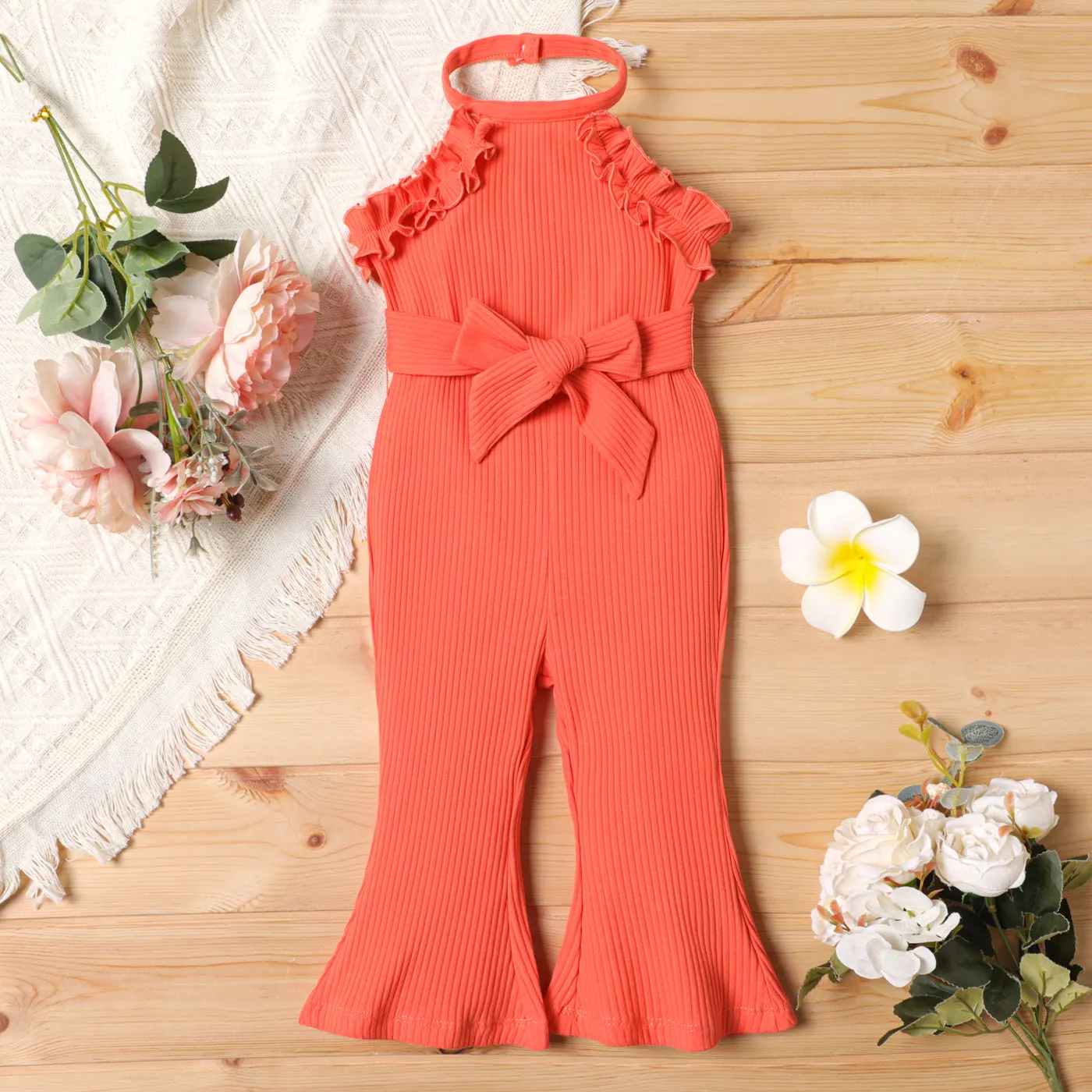 2pcs Baby Girl Cotton Ribbed Ruffle Trim Halter Sleeveless Bell Bottom Jumpsuit & Belt Set