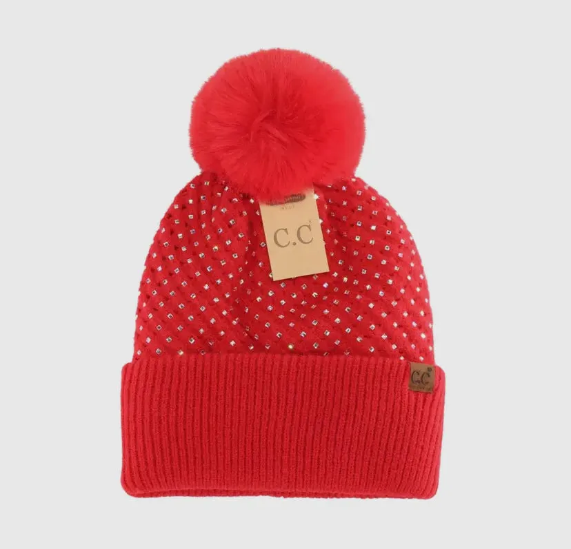 All Over Rhinestones CC Pom Beanie: Red