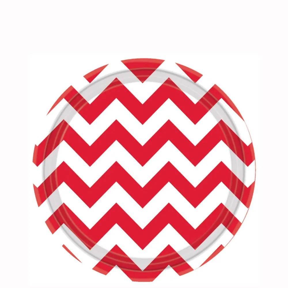 Apple Red  Chevron Round Party Paper Plates 7in 8pcs