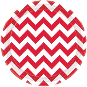 Apple Red  Chevron Round Party Paper Plates 9in 8pcs