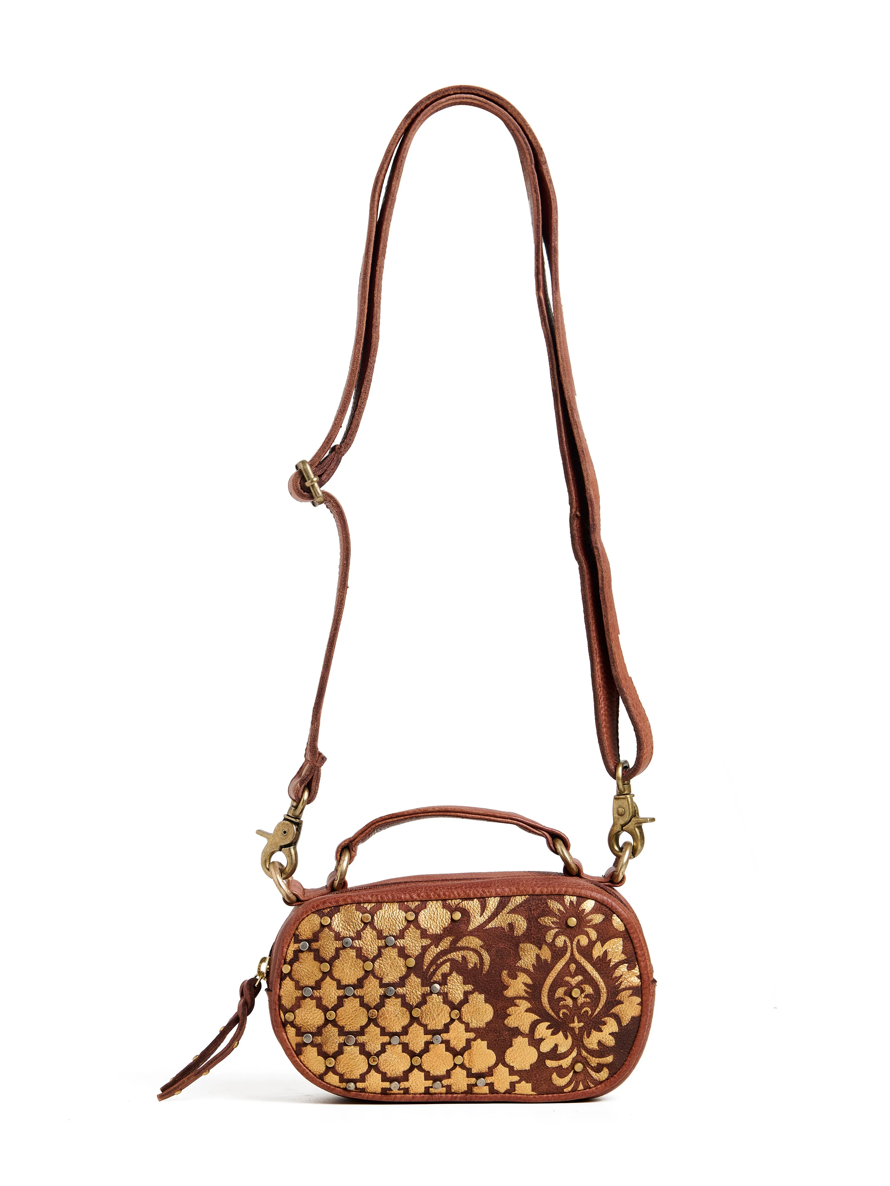 Art N Vintage Womens Real Leather Sling Bag with Gold Intricate Design- Tan