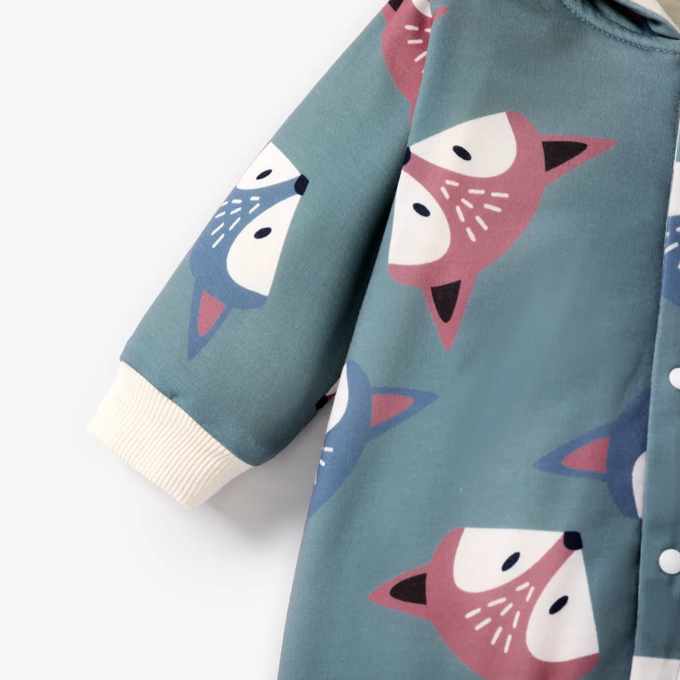 Baby Boy/Girl Long-sleeve Fox Print Hooded Fleece Lined Jumpsuit