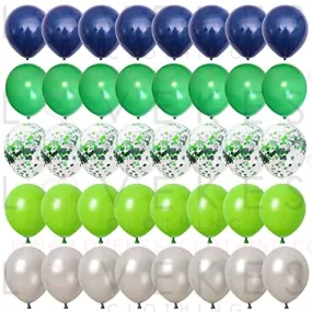 Balloons Green and Blue, 60 Pcs Navy Blue Matte Light Green Silver Latex Party Balloons with Green Silver Confetti Balloons for Birthday Party Decoration Football Video Game Jungle Safari Themed Party