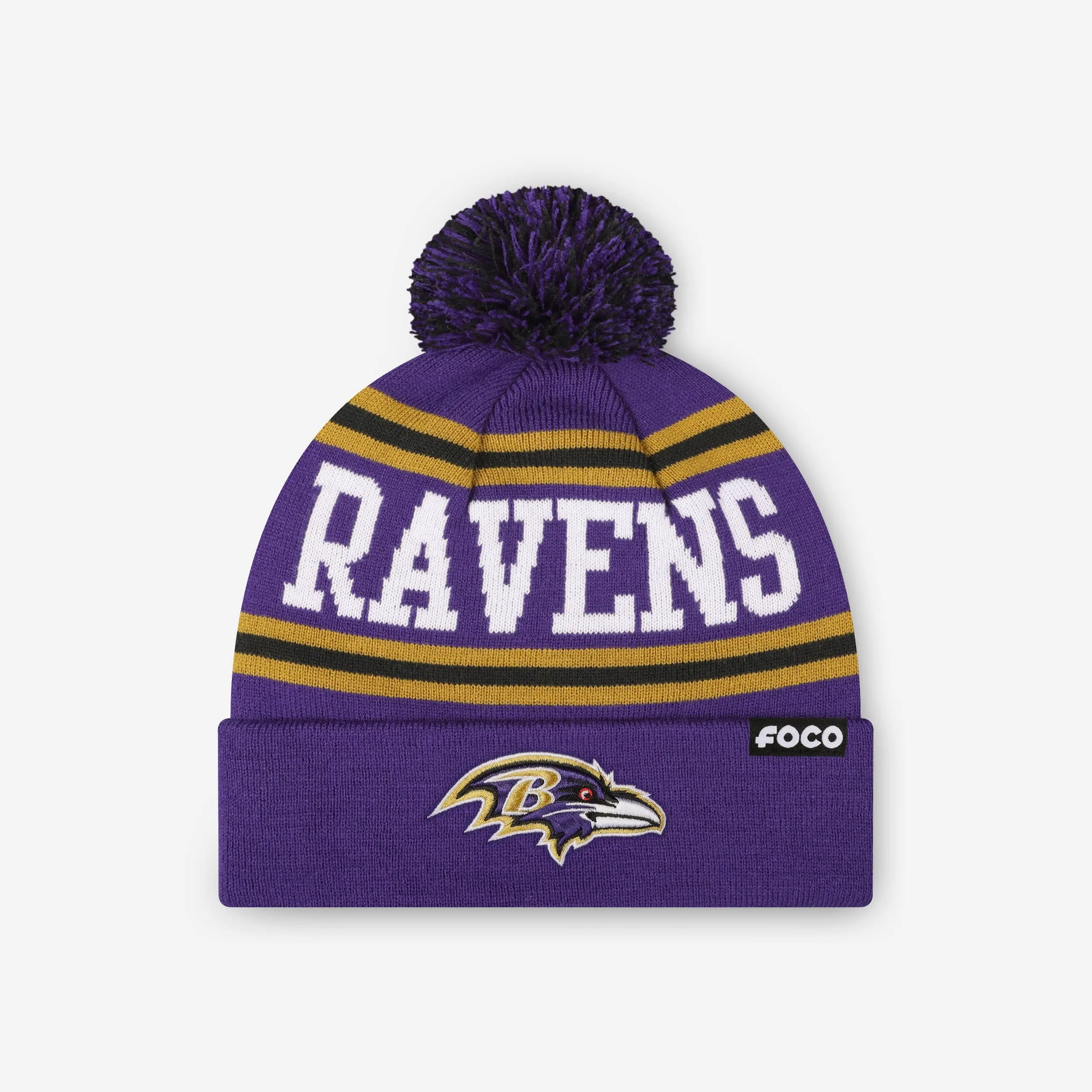 Baltimore Ravens Primary Logo Stripe Pom Beanie