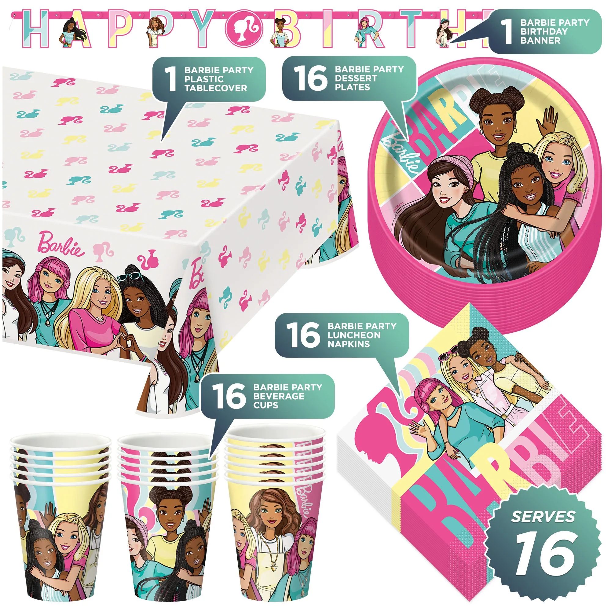 Barbie and Friends Party Paper Plates, Napkins, Cups, Table Cover, and Banner (Serves 16)