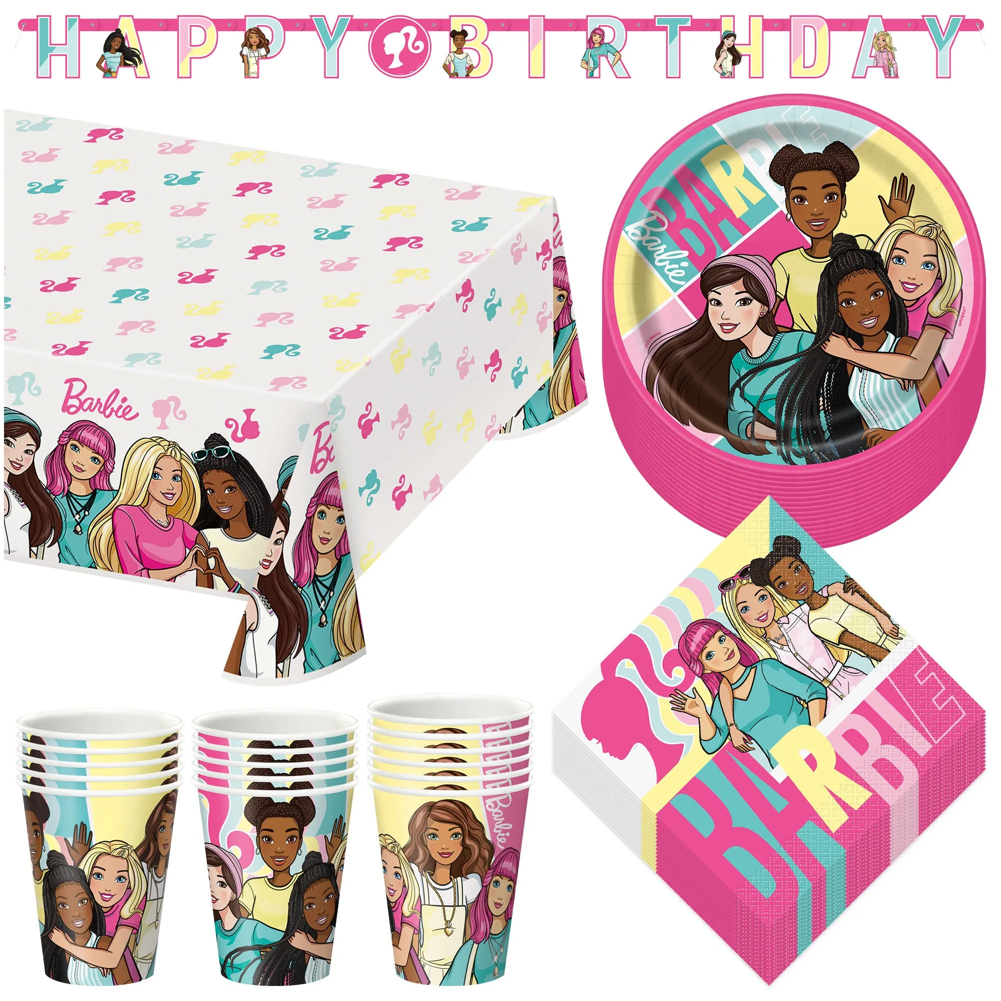 Barbie and Friends Party Paper Plates, Napkins, Cups, Table Cover, and Banner (Serves 16)