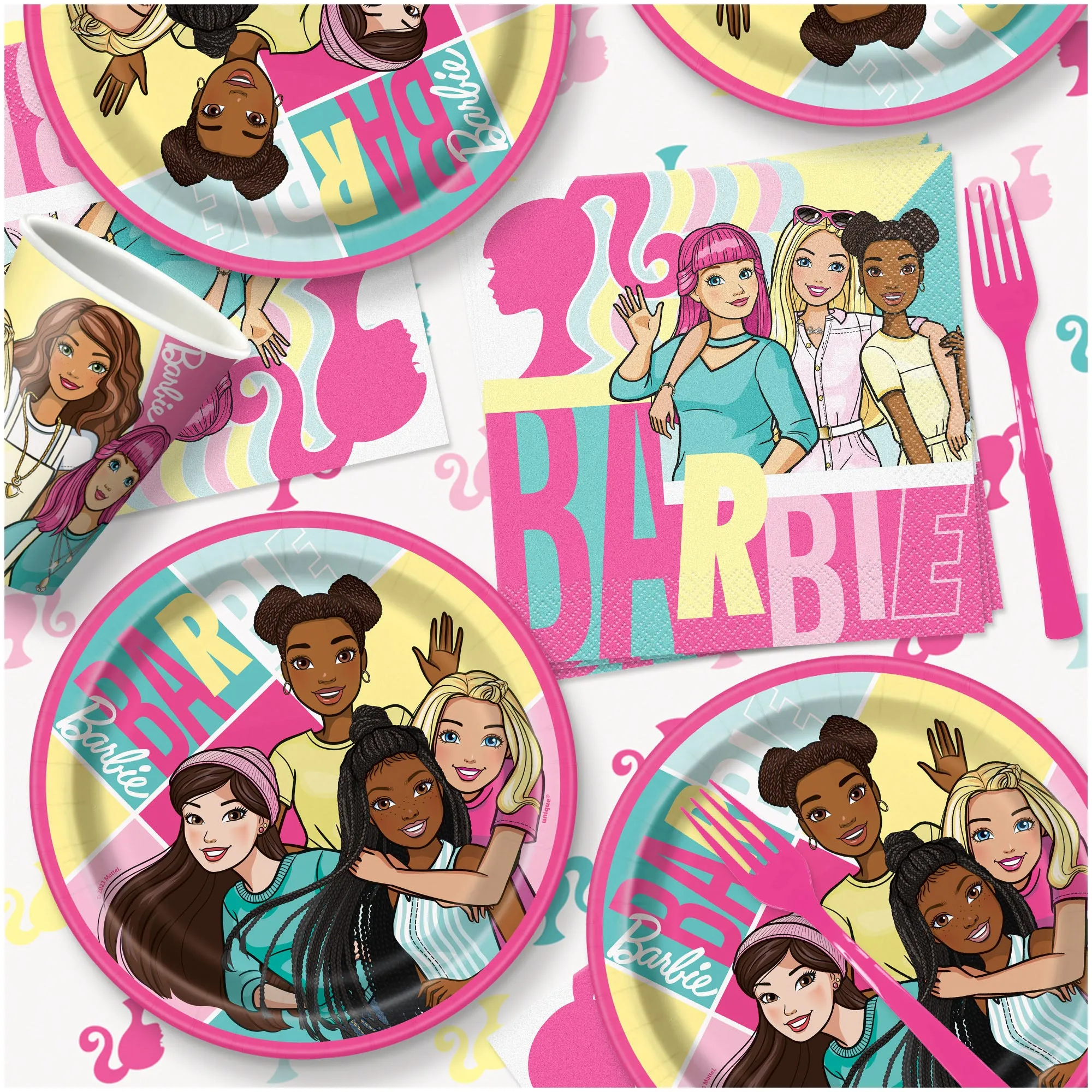 Barbie and Friends Party Paper Plates, Napkins, Cups, Table Cover, and Banner (Serves 16)