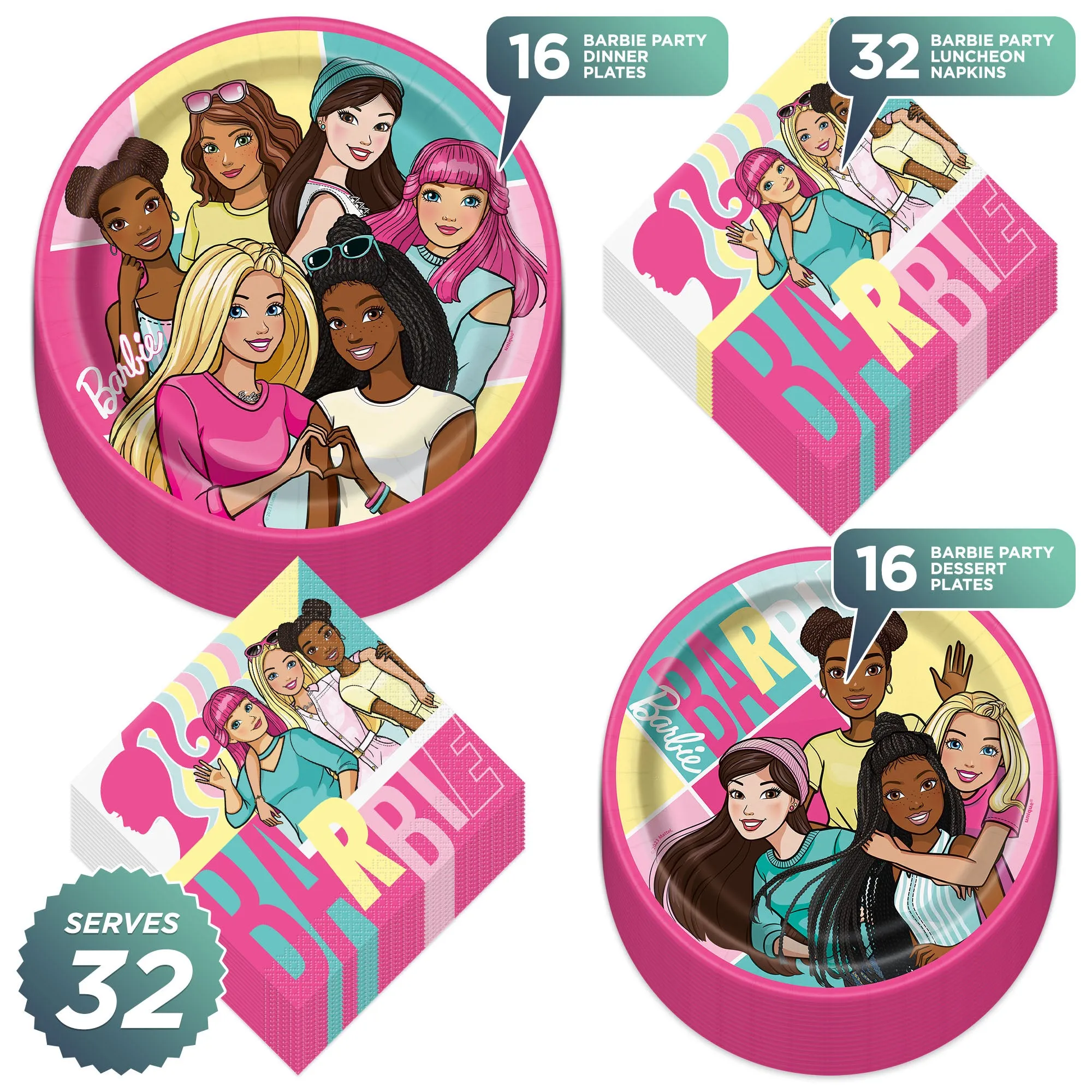 Barbie Party Supplies - Dinner Plates, Dessert Plates, and Lunch Napkins (Serves 32)