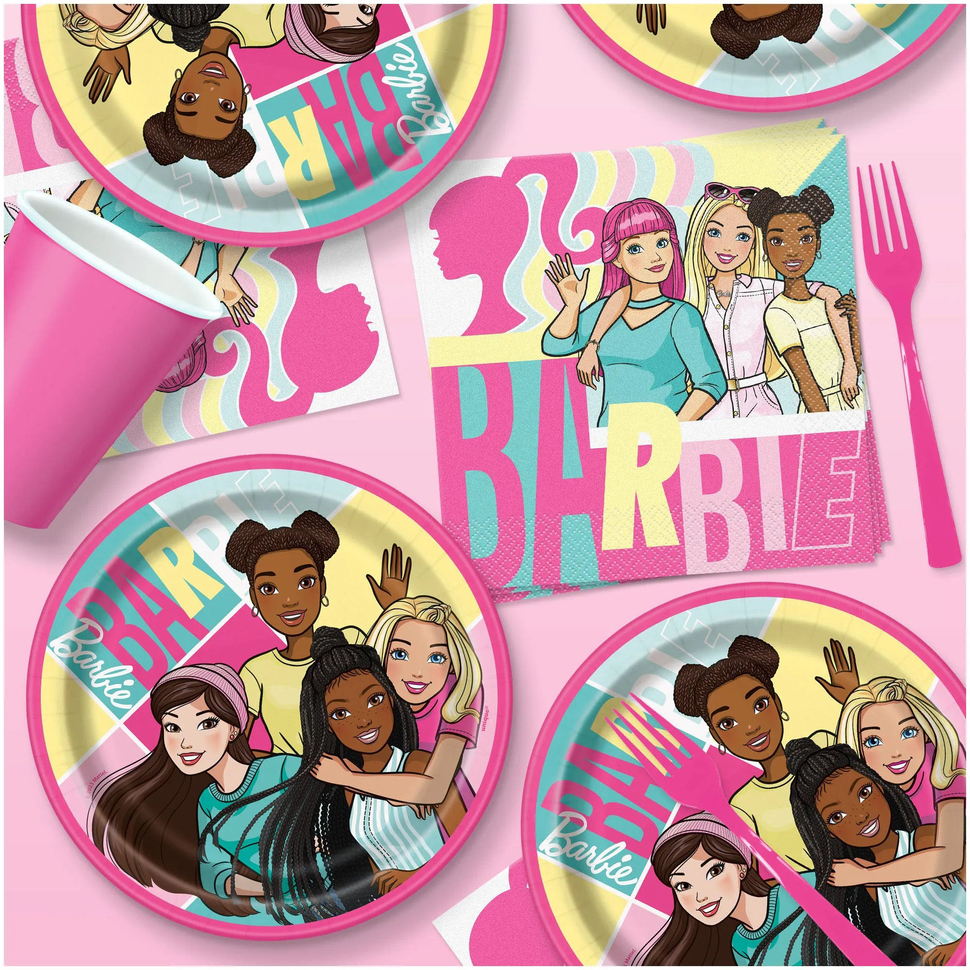 Barbie Party Supplies - Round Paper Dessert Plates and Lunch Napkins (Serves 16)