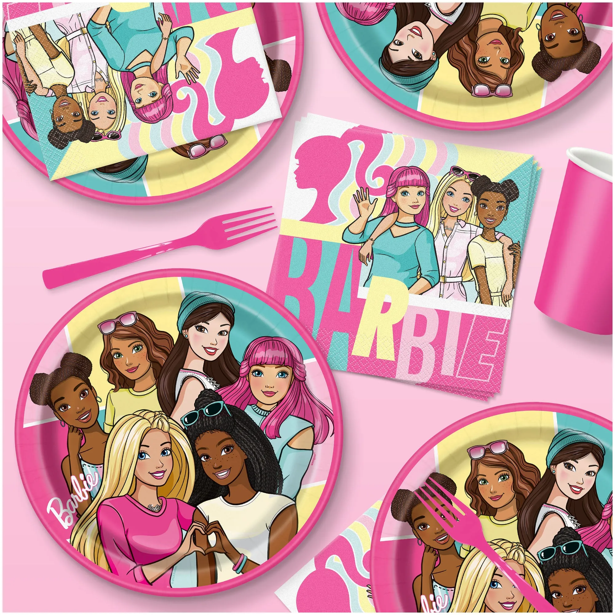 Barbie Party Supplies - Round Paper Dinner Plates and Lunch Napkins (Serves 16)