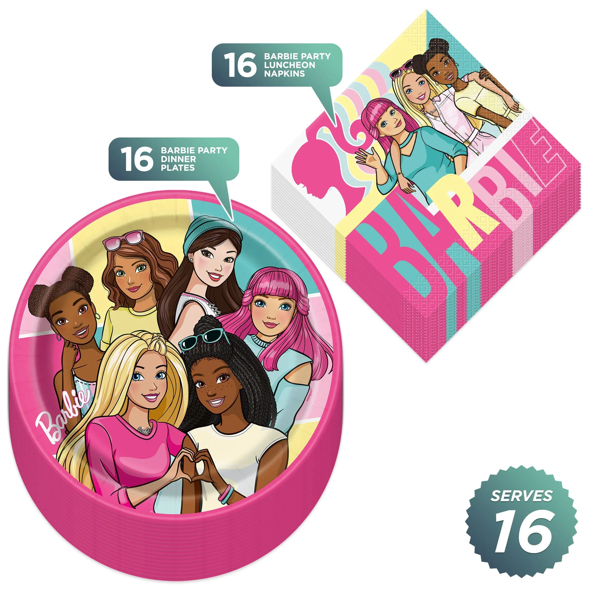 Barbie Party Supplies - Round Paper Dinner Plates and Lunch Napkins (Serves 16)