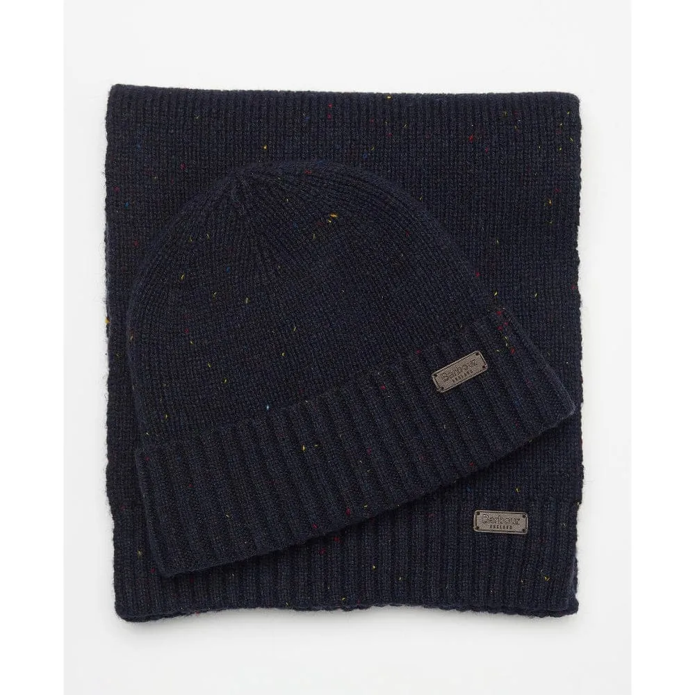 Barbour Carlton Fleck Beanie & Scarf Gift Set in Navy