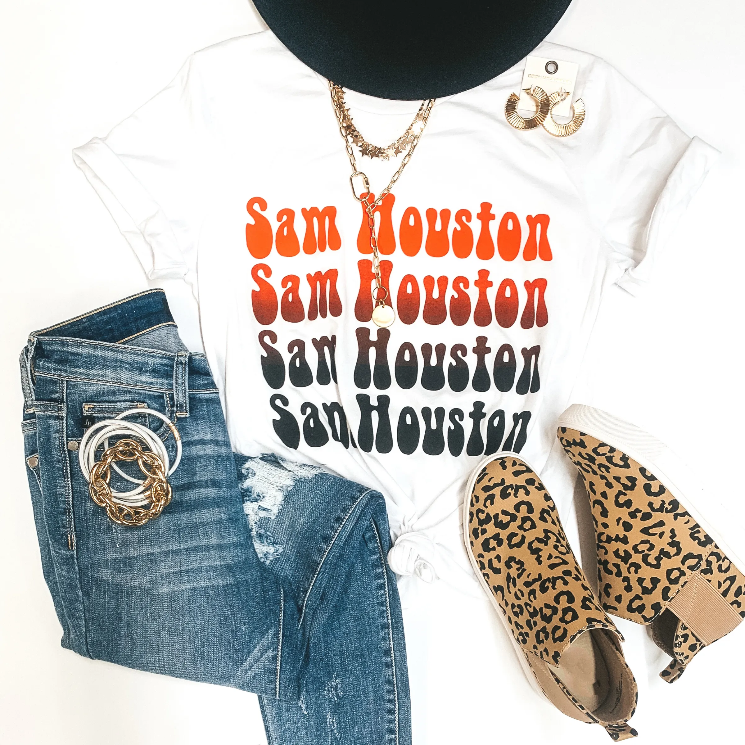 Bearkat Game Day | Sam Houston Orange and Black Fade Short Sleeve Graphic Tee in White