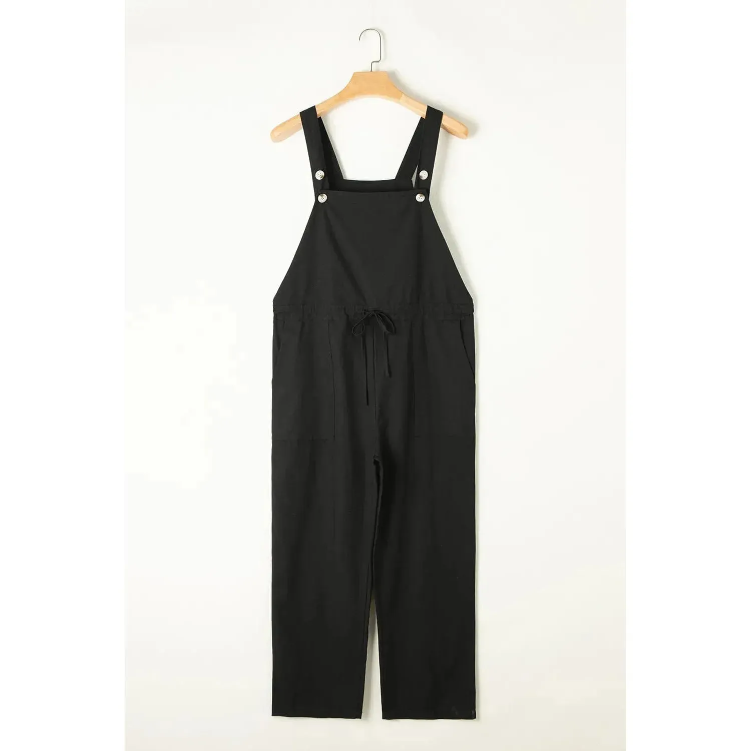 Black Drawstring Buttoned Straps Cropped Overall