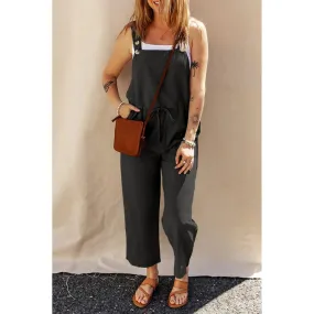 Black Drawstring Buttoned Straps Cropped Overall