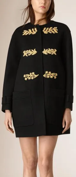 Black Regimental Collarless Wool Coat