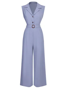 Blue 1950s Solid Cap Sleeves Lapel Jumpsuit