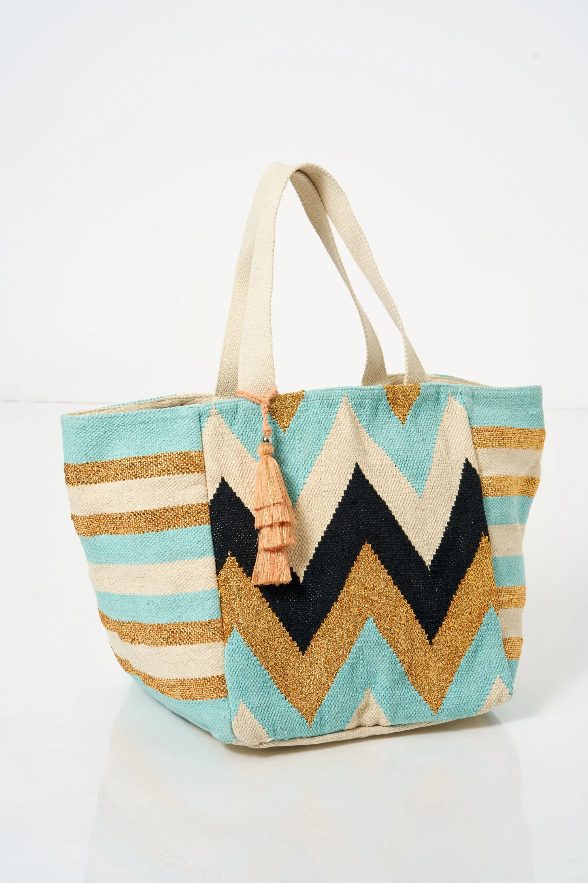 Blue Oversized Chevron Tassel Front Tote Bag