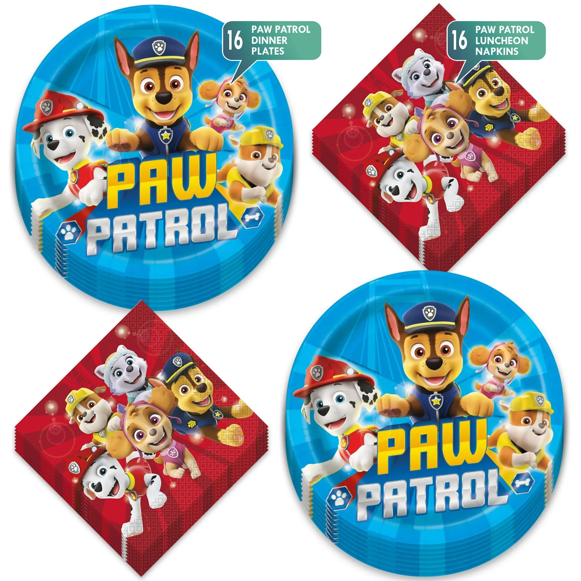 Blue Paw Patrol Theme Birthday Party Paper Dinner Plates and Lunch Napkins (Serves 16)