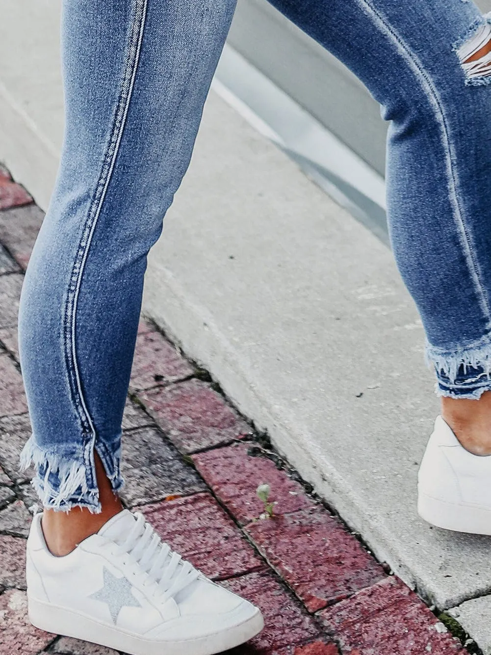 Blue Raw Hem Straight Jeans with Leopard Print Patchwork Detail and Ripped Holes - Women's Denim Clothing