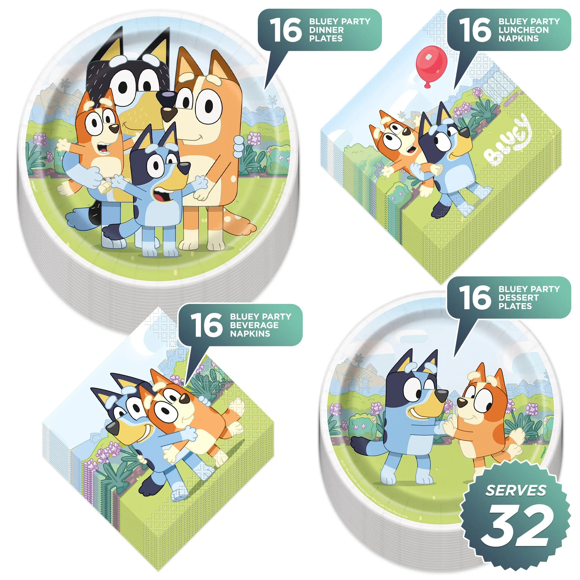 Bluey Party Supplies - Dinner Plates,Dessert Plates,Lunch Napkins,and Napkins (Serves 32 )