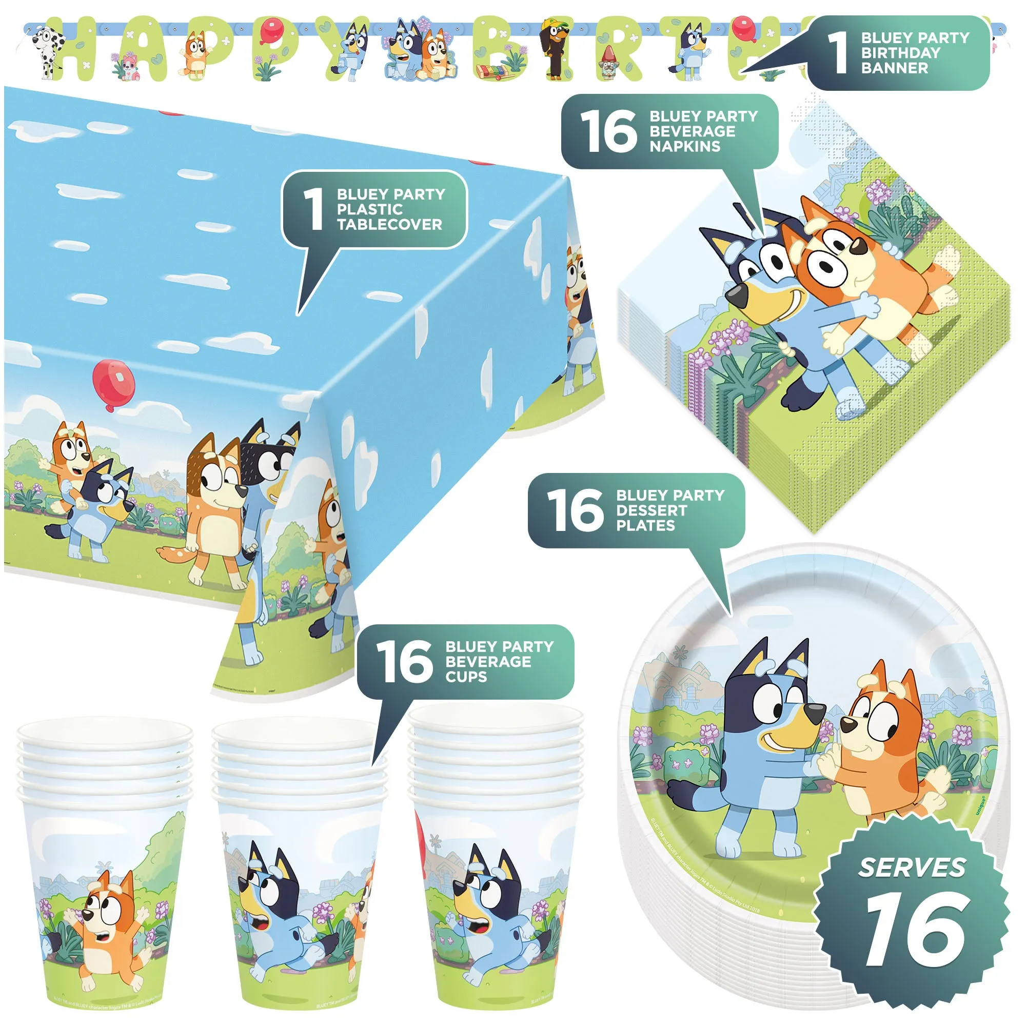 Bluey Party Supplies - Paper Plates, Napkins, Cups, Table Cover, and Banner (Serves 16)