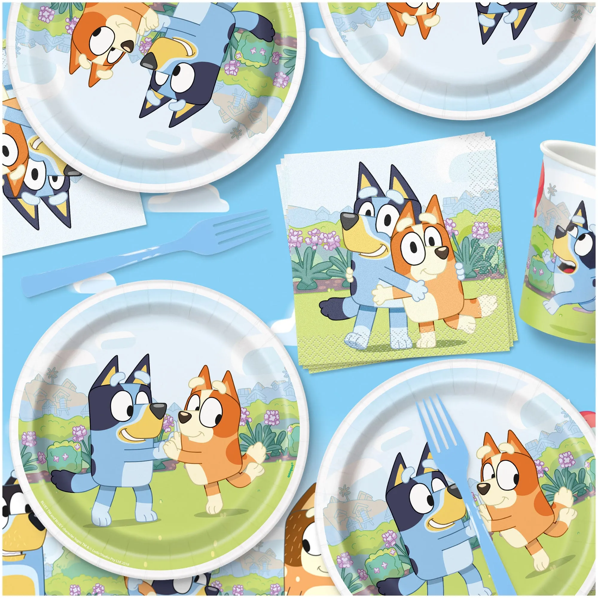 Bluey Party Supplies - Paper Plates, Napkins, Cups, Table Cover, and Banner (Serves 16)