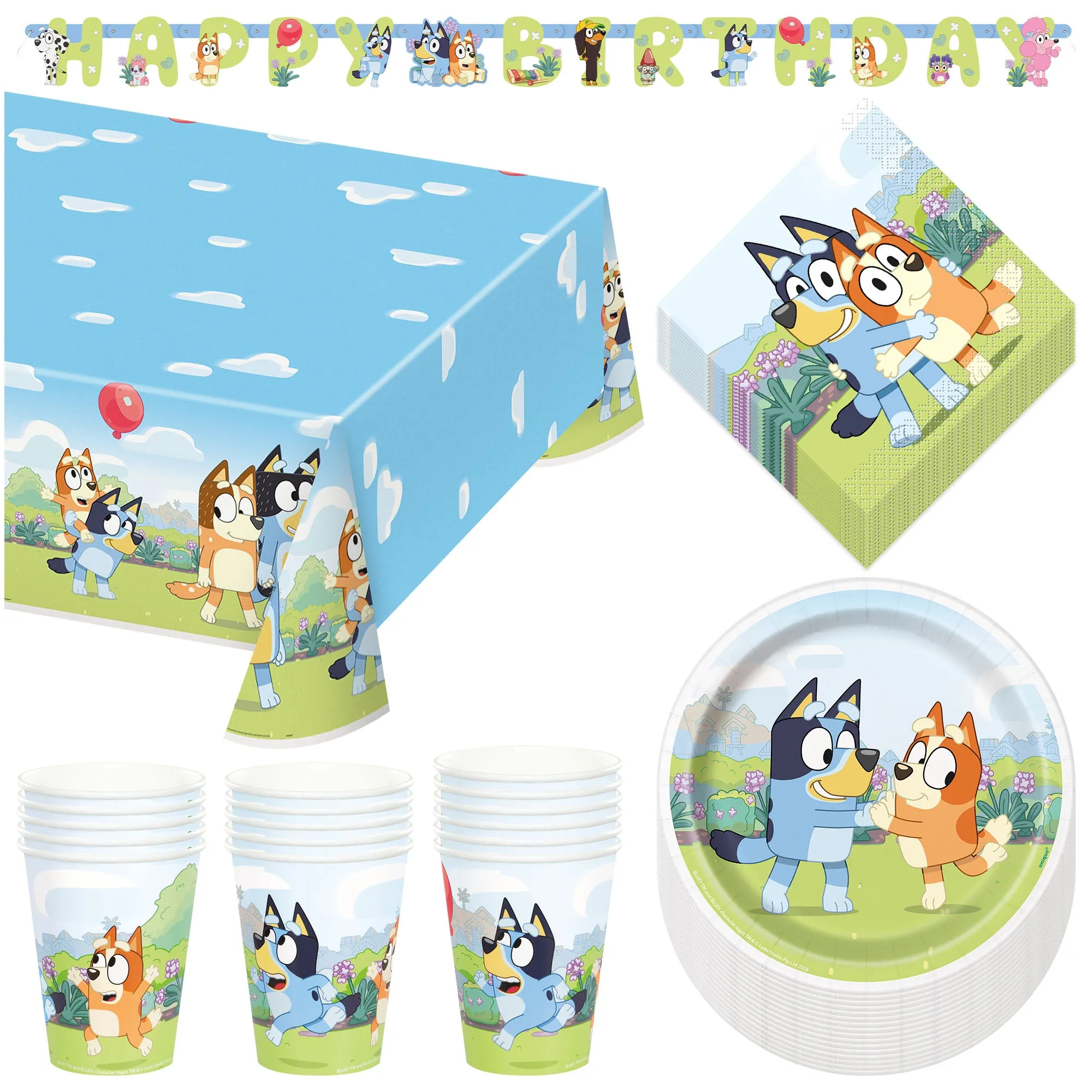 Bluey Party Supplies - Paper Plates, Napkins, Cups, Table Cover, and Banner (Serves 16)