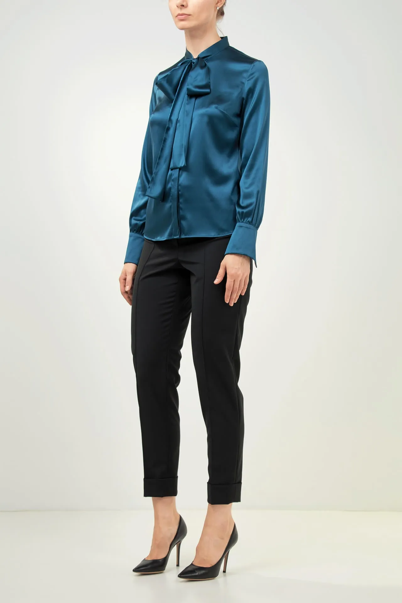 Bow-Tie Blue Stretch Silk Blouse