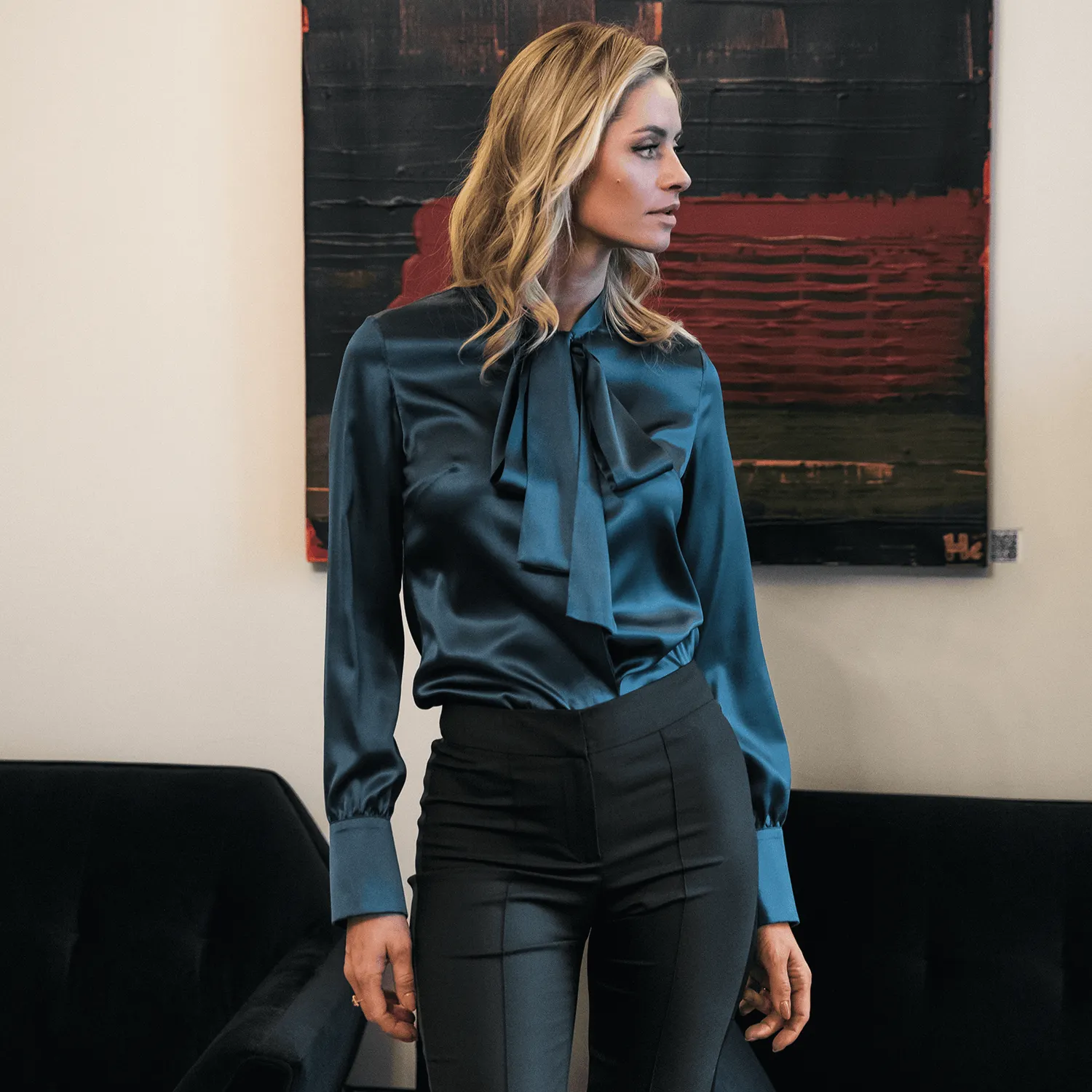 Bow-Tie Blue Stretch Silk Blouse