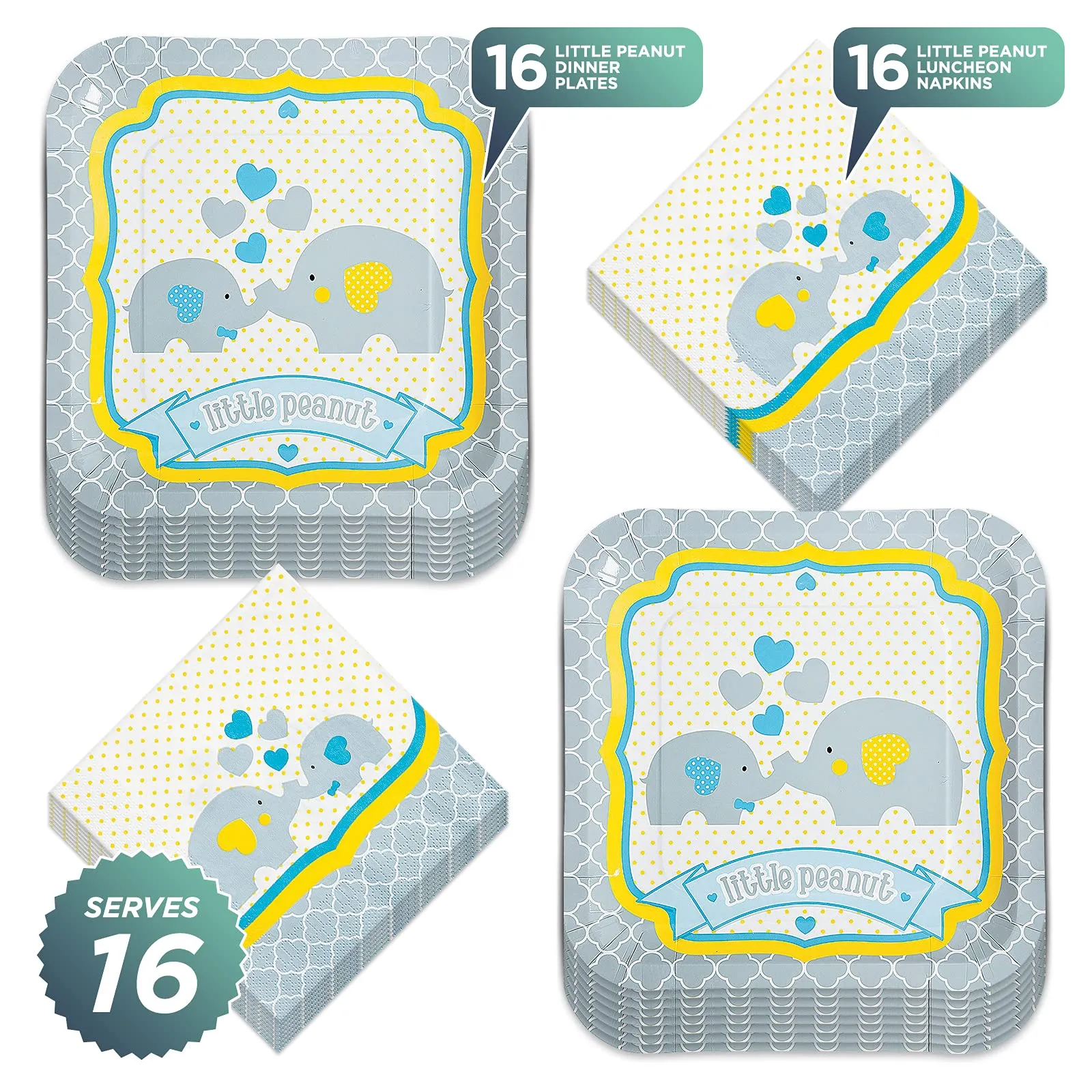 Boy Baby Shower Party Essentials -Little Peanut Yellow and Blue Elephant Paper Dinner Plates and Lunch Napkins (Serves 16)