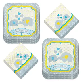 Boy Baby Shower Party Essentials -Little Peanut Yellow and Blue Elephant Paper Dinner Plates and Lunch Napkins (Serves 16)