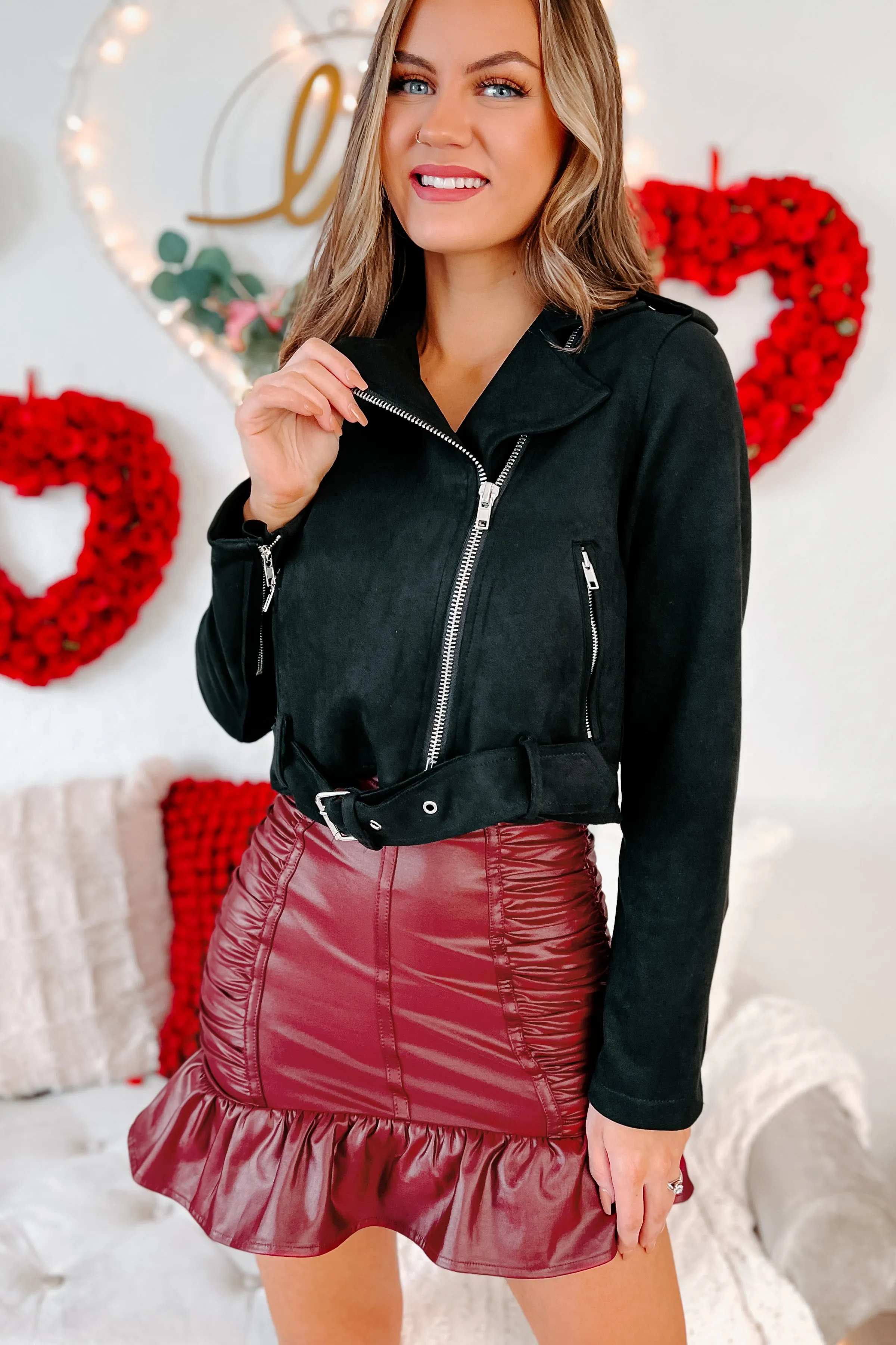 Breaking Promises Faux Suede Cropped Moto Jacket (Black)