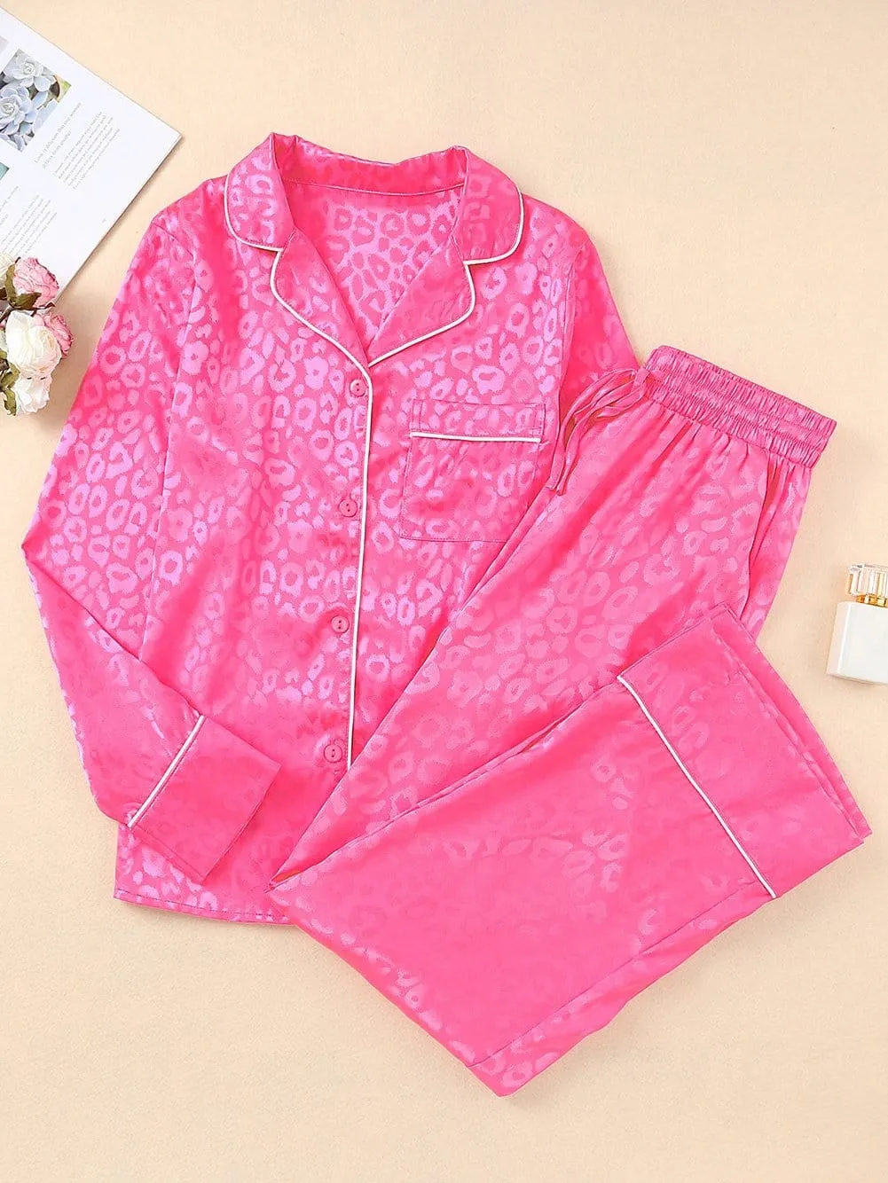 Button-Down Satin Pajama Set in Pink Leopard