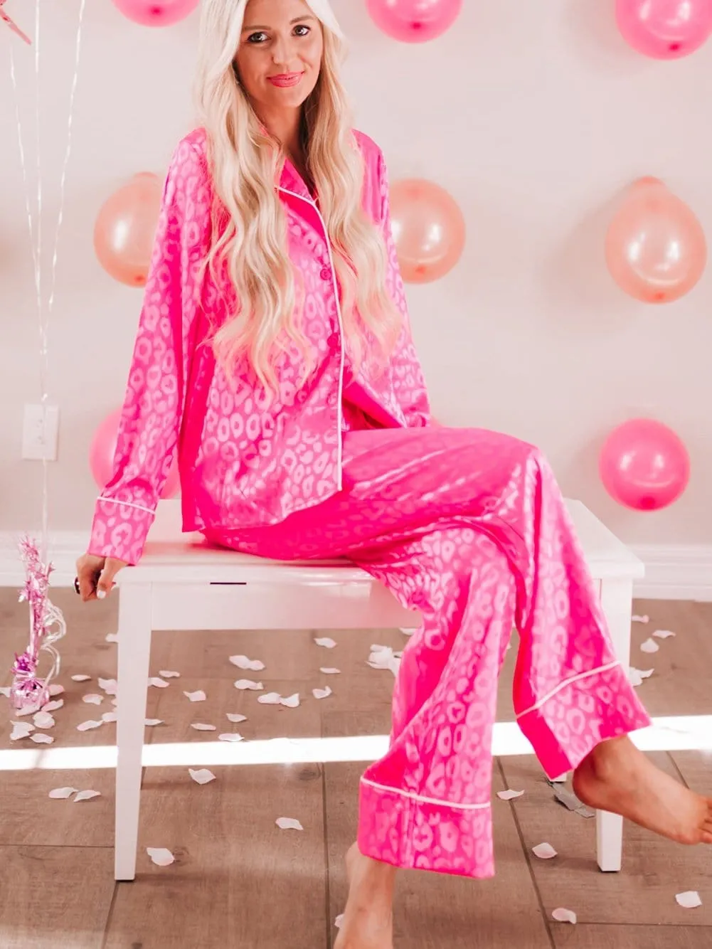 Button-Down Satin Pajama Set in Pink Leopard