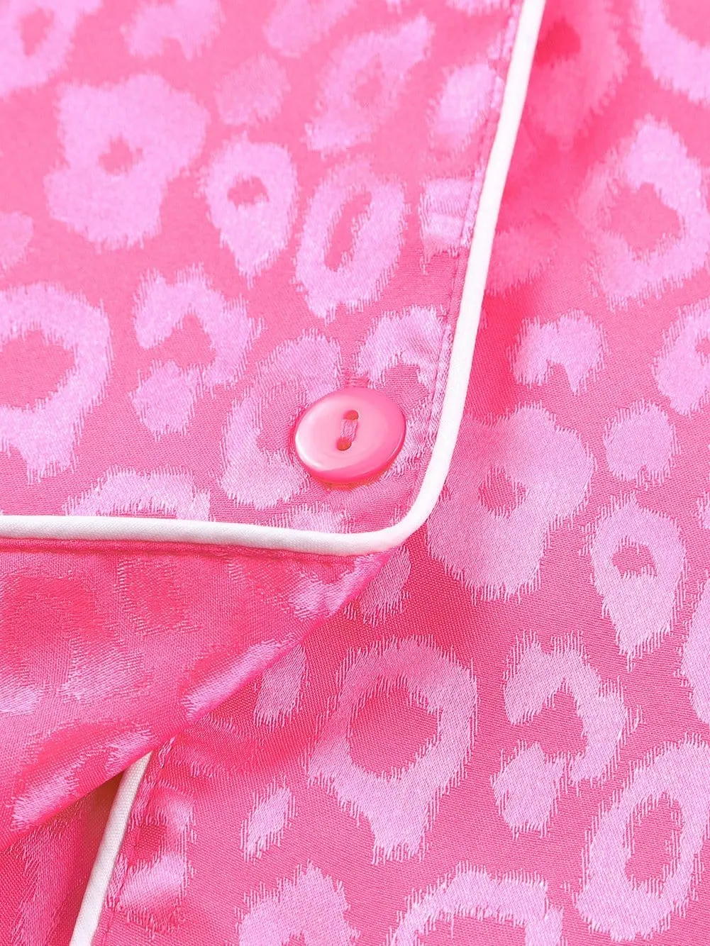 Button-Down Satin Pajama Set in Pink Leopard