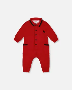 Button Front Jumpsuit Red Mix