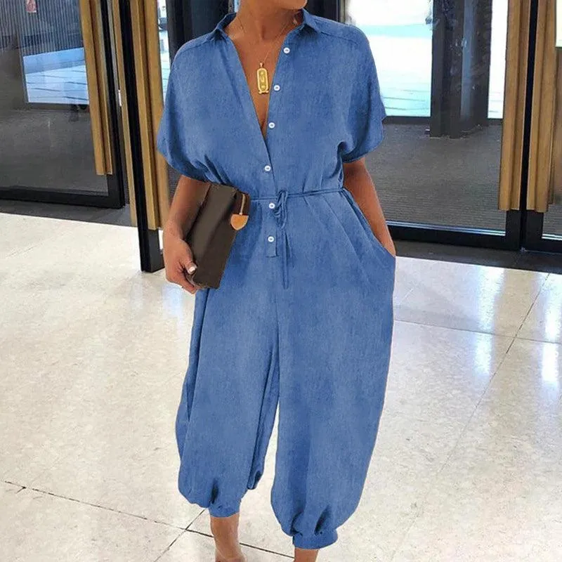 BUTTON-UP DENIM JUMPSUIT — TWO BLUE