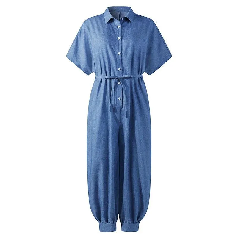 BUTTON-UP DENIM JUMPSUIT — TWO BLUE