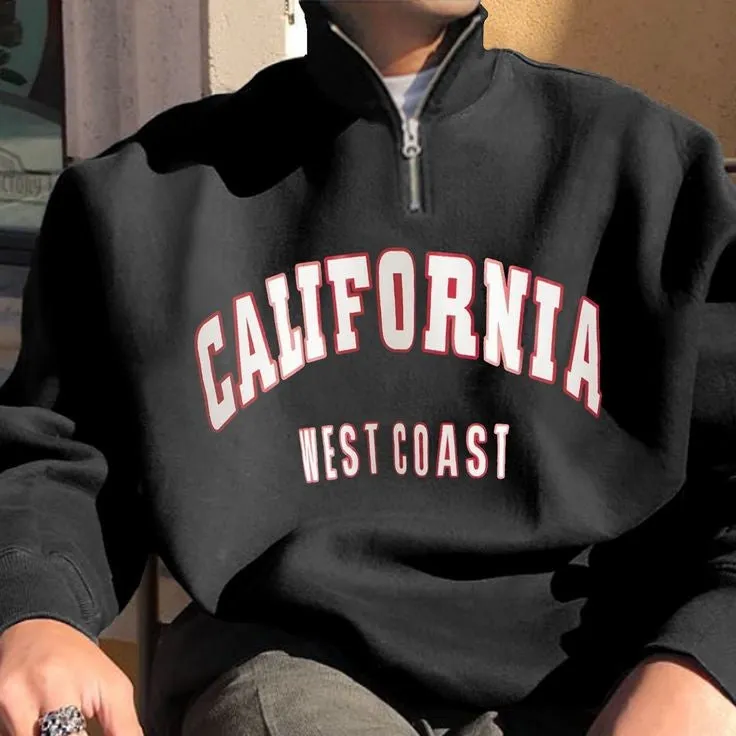 California West Coast Printed Oversized Zip Collar Relaxed Fit Sweatshirt For Mens