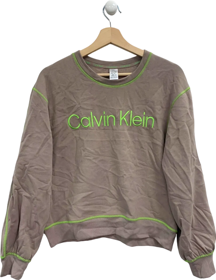 Calvin Klein Taupe/Neon Green Crew Neck Sweatshirt UK XS