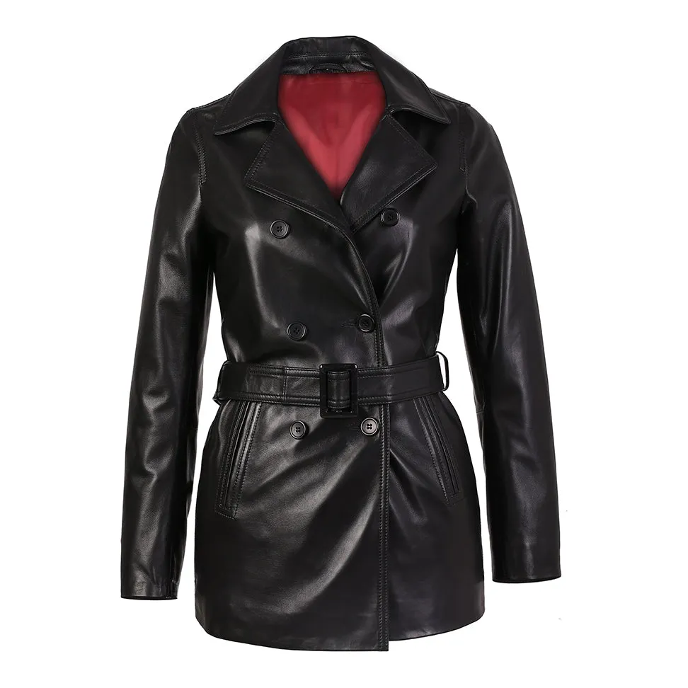 Carissa Womens Black Belted 3/4 Long Leather Coat