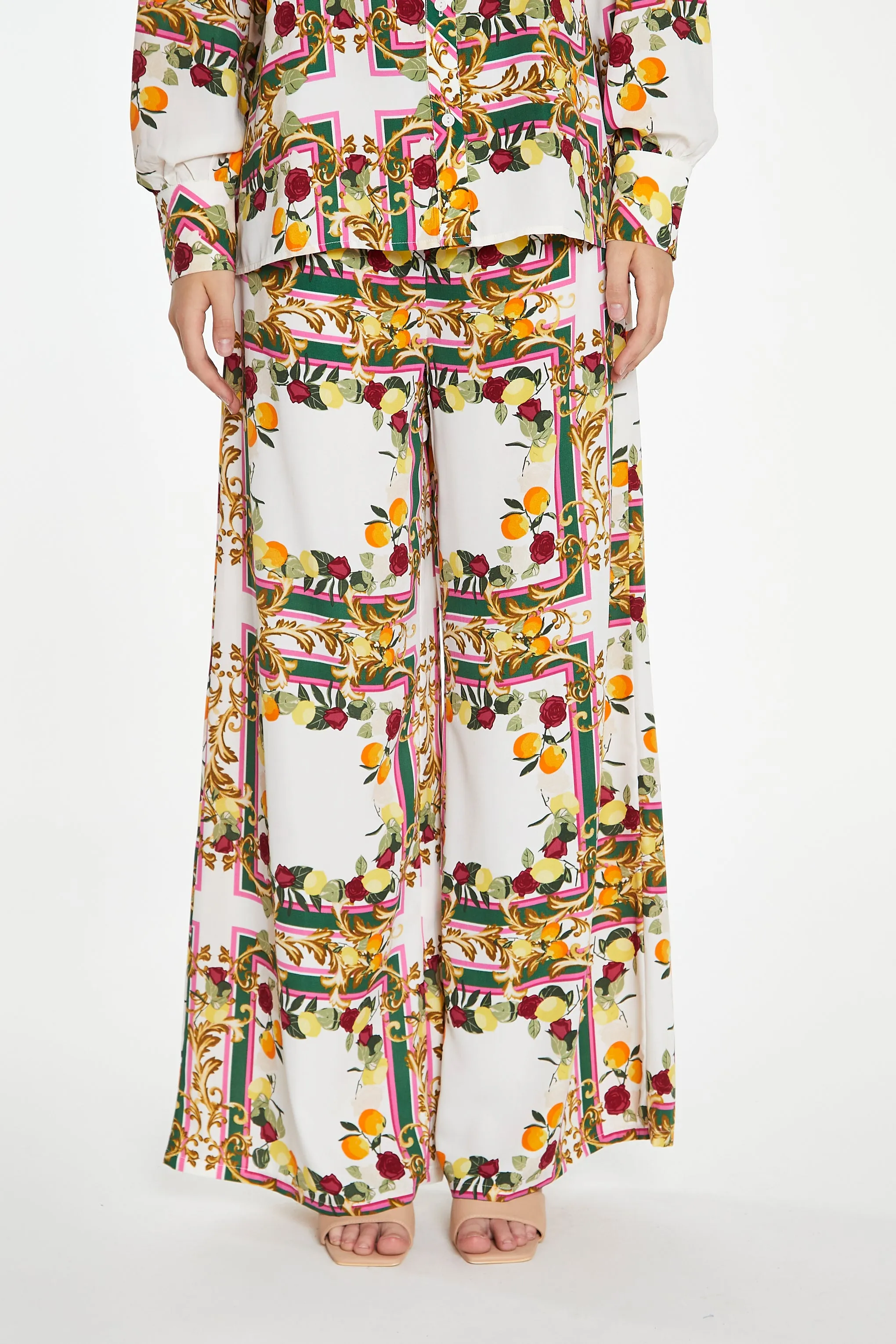 Citrus Scarf Print Wide Leg Trousers