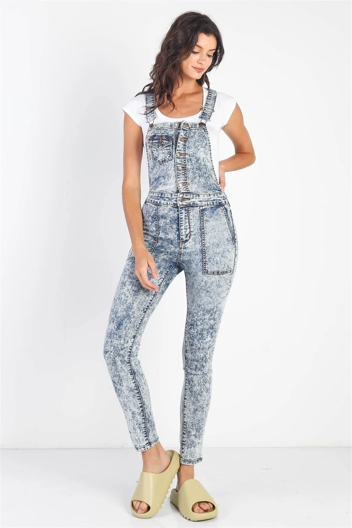 Dark Denim Acid Wash Button Up Skinny Leg Overall /3-2-1